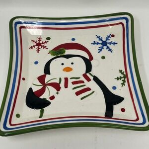Christmas Penguin Plate Candy Dish Holiday Snowflakes Red Blue Green Accent Cute